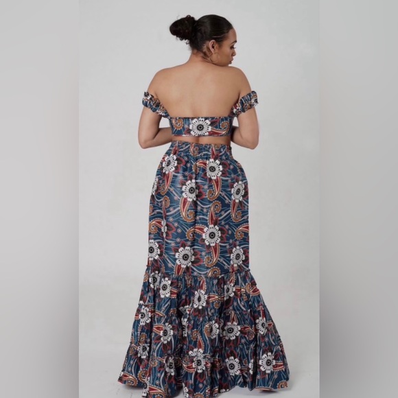 African Print Ankara Cotton Floral Print Tie Front Top and Maxi Skirt Set - Picture 11 of 13
